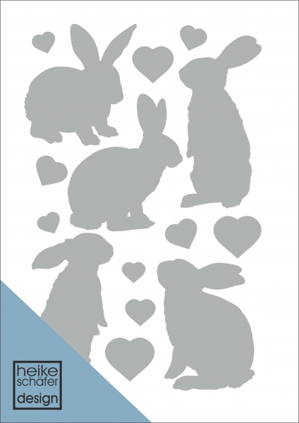 Satinier Schablone/ Aufkleber - 5 Hasen in Silber A5